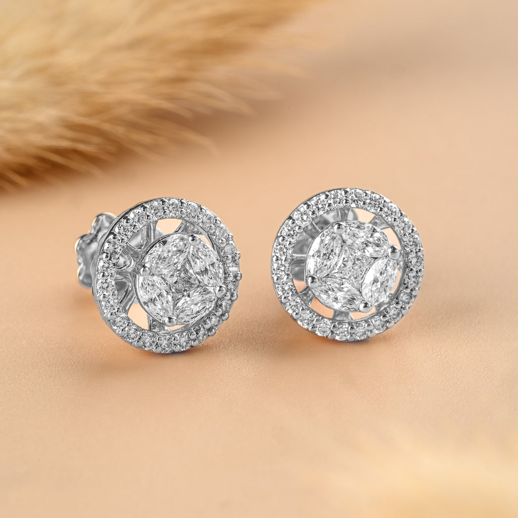 Classic 14K Gold Diamond Studs, Elegant Hallmarked rose Gold Diamond Halo Stud Earrings, Dainty Round Cluster Earrings, Lab Grown diamond