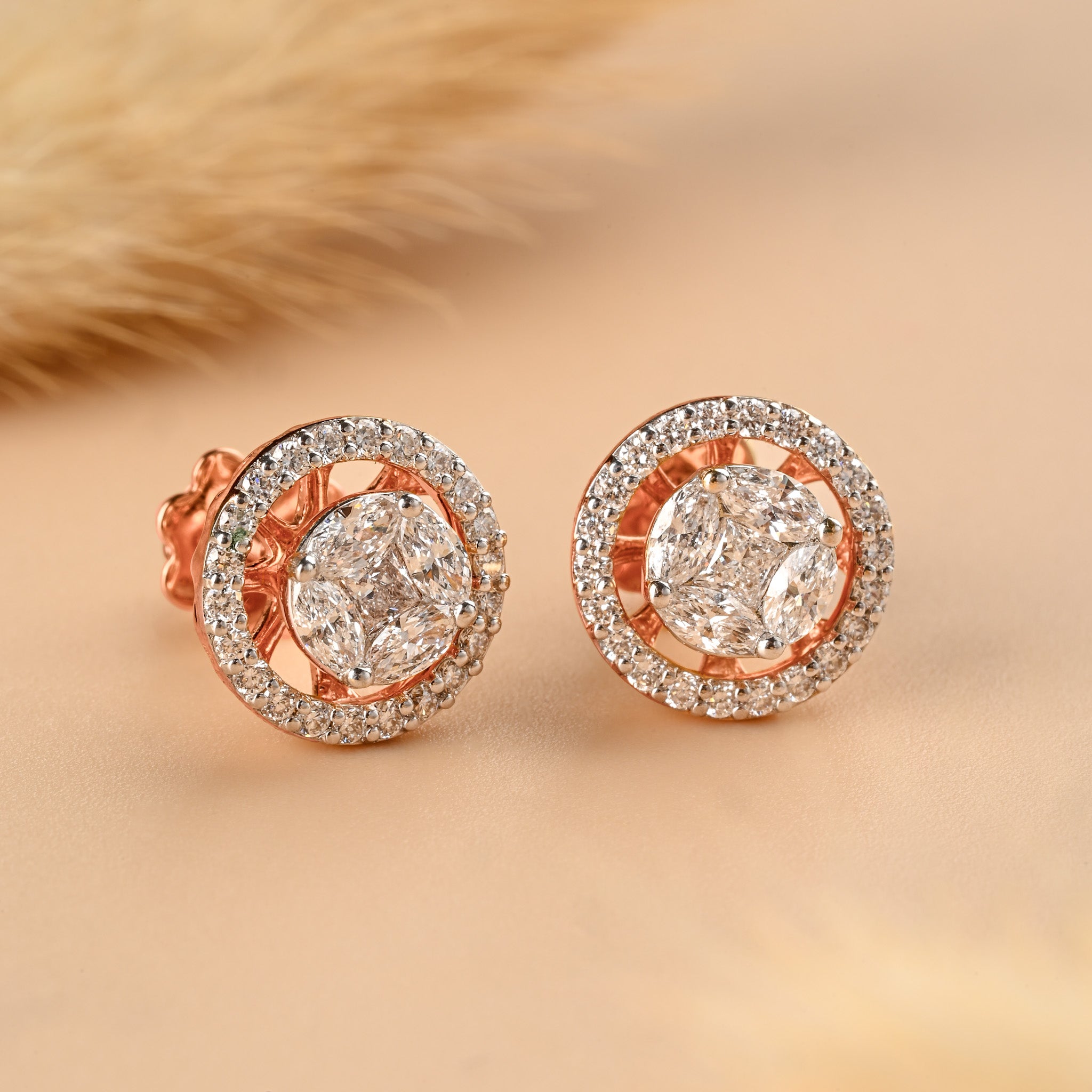 Classic 14K Gold Diamond Studs, Elegant Hallmarked rose Gold Diamond Halo Stud Earrings, Dainty Round Cluster Earrings, Lab Grown diamond