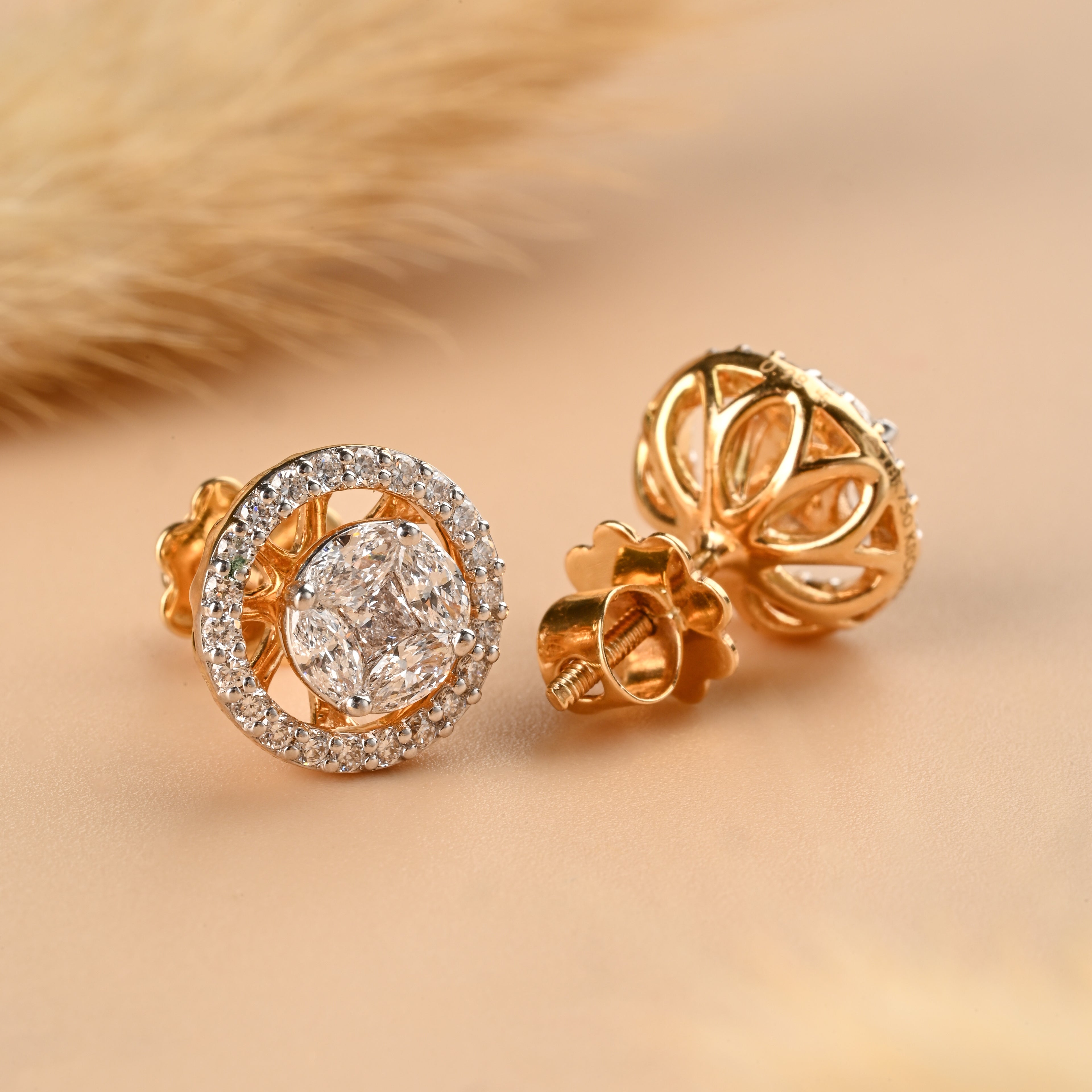 Classic 14K Gold Diamond Studs, Elegant Hallmarked rose Gold Diamond Halo Stud Earrings, Dainty Round Cluster Earrings, Lab Grown diamond